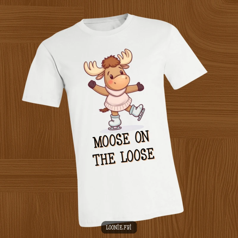 Funny T-Shirt: A joyful moose in skates performs a giddy twirl, radiating pure excitement and playful movement.