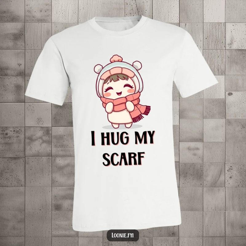Funny graphic tee with a giggling character wearing a warm scarf, shivering playfully, designed for ultimate comfort and humor.