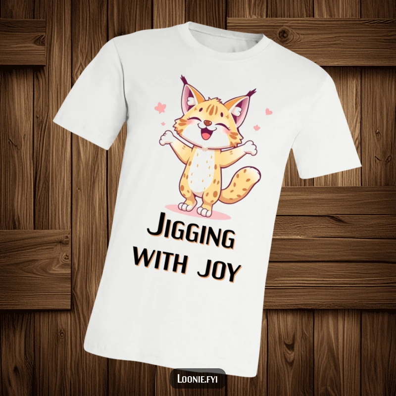 Funny T-shirt depicting a joyful lynx doing a happy jig, capturing pure feline exuberance and dance.