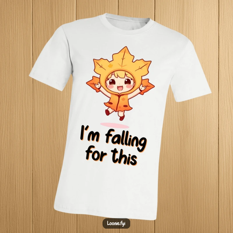 Funny t-shirt with a bright maple leaf character costume doing a happy hop, ideal for expressing seasonal fun and humor.