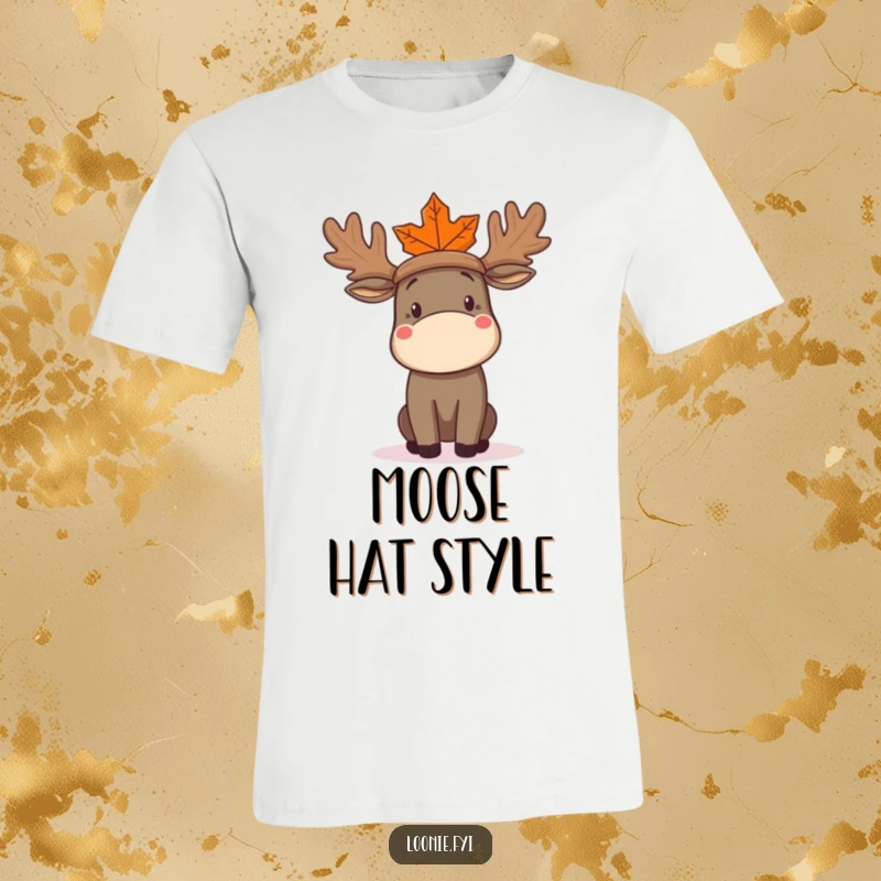 Funny Moose T-Shirt featuring a confused moose trying to wear a maple leaf as a stylish hat, showcasing humorous bewilderment.