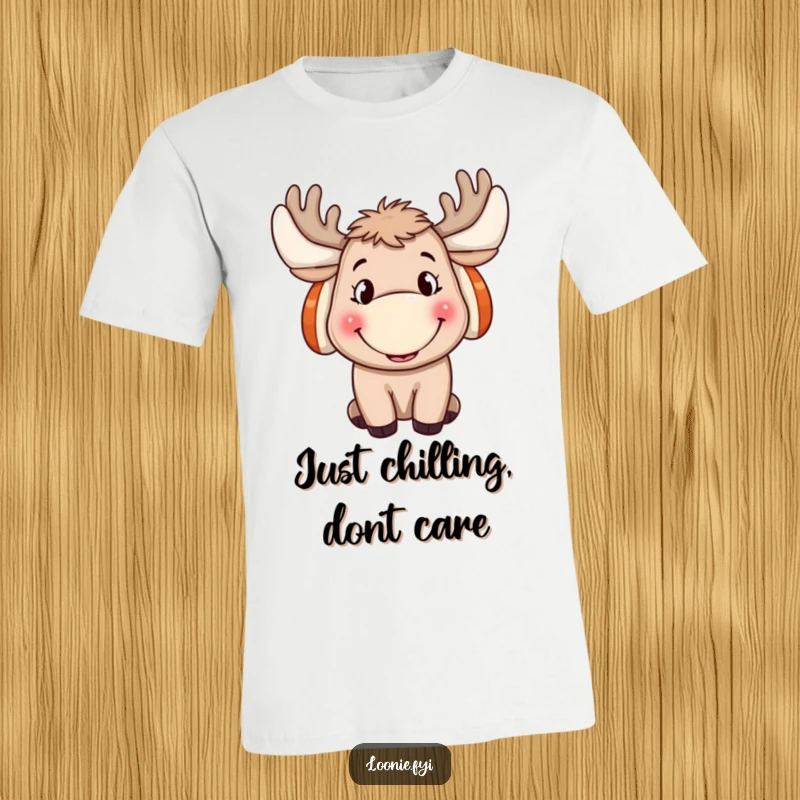Funny Moose T-Shirt: A happy moose wearing ear muffs, sporting a big grin, perfect for a funny gift apparel.