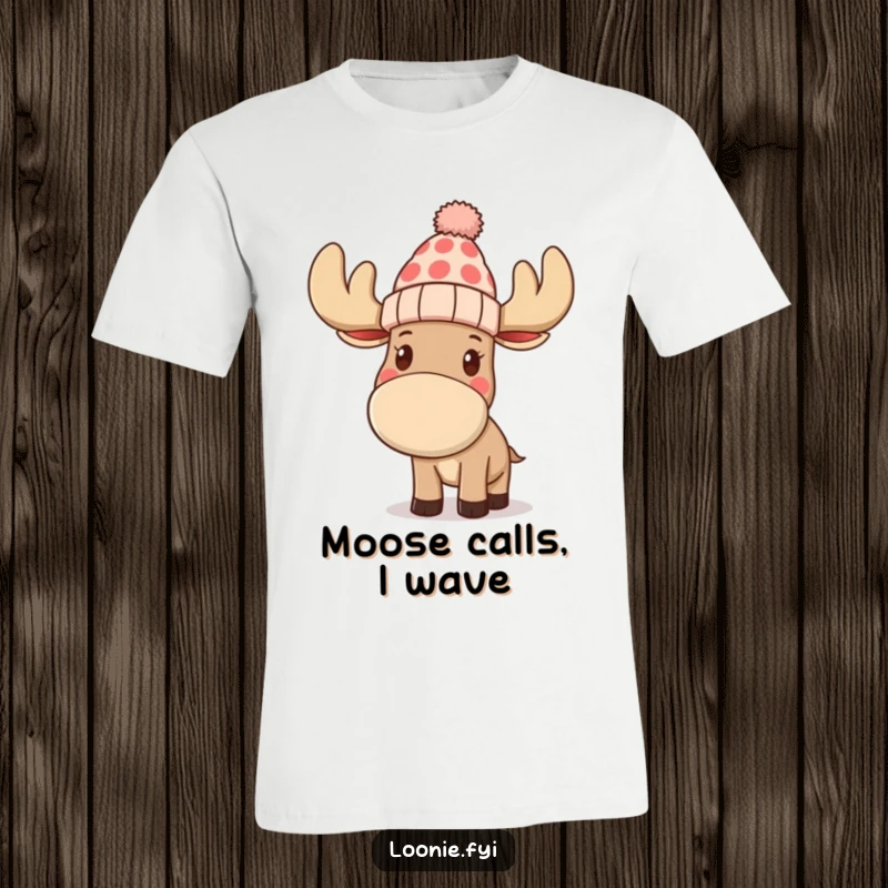 Funny t-shirt with a moose wearing a toque, waving casually, perfect for expressing a friendly and humorous personality, comfortable apparel.