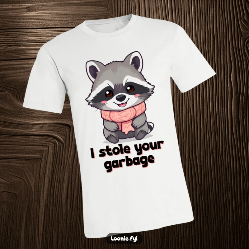 Funny Raccoon T-Shirt: A cheerful, grinning raccoon adorned with a small knitted scarf, exuding playful energy and charm.