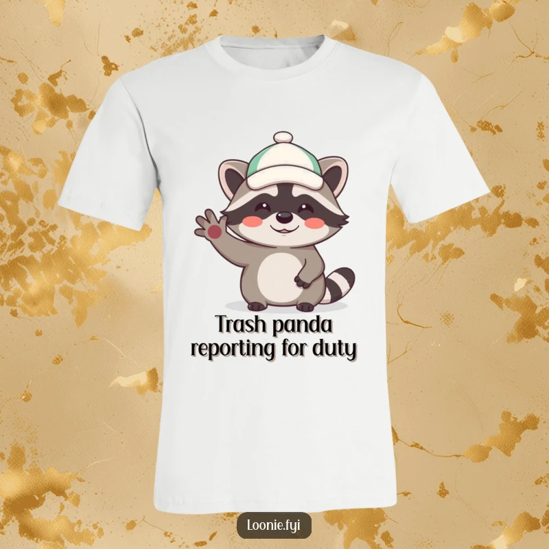 Funny t-shirt with a giggling raccoon donning a tiny hat, joyfully waving hello, capturing a moment of pure, infectious amusement.
