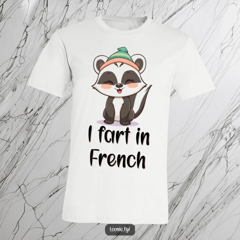 Funny T-Shirt: A charming skunk dons a toque and offers a playful wink, embodying a sense of lighthearted fun and cheekiness.