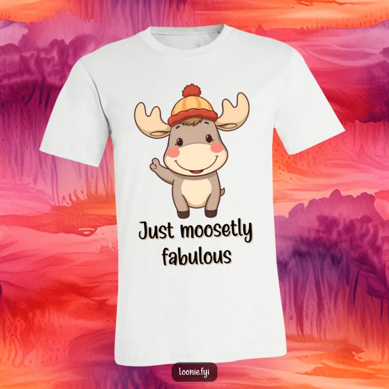 Funny Moose T-Shirt: A cheerful moose wearing a toque smiles and waves, embodying Canadian spirit and humor.