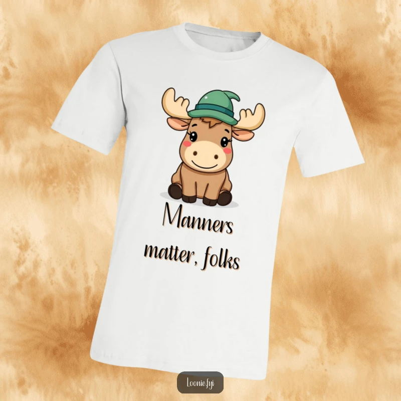 Funny T-Shirt: A happy moose wearing a hat politely tips it, exuding friendly charm and good manners.
