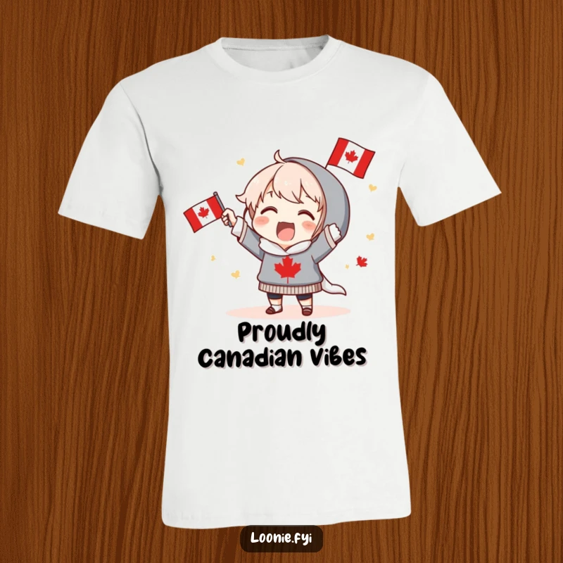 Funny T-Shirt: An excited character proudly waves a small Canadian flag, cheering with infectious patriotic enthusiasm. Perfect funny gift.