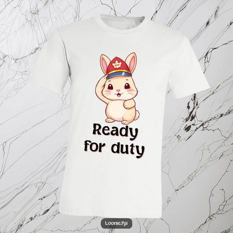 Funny t-shirt with a small rabbit wearing a miniature RCMP hat and giving a crisp salute, embodying cute duty.