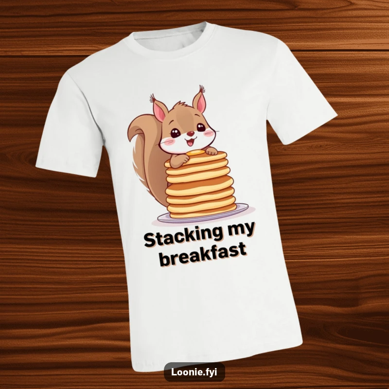 Funny t-shirt with a cheerful squirrel balancing a precarious stack of pancakes, a delightful ode to breakfast.