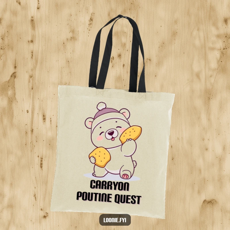 Funny tote bag featuring a polar bear in a toque failing to catch flying poutine, a humorous grocery companion.