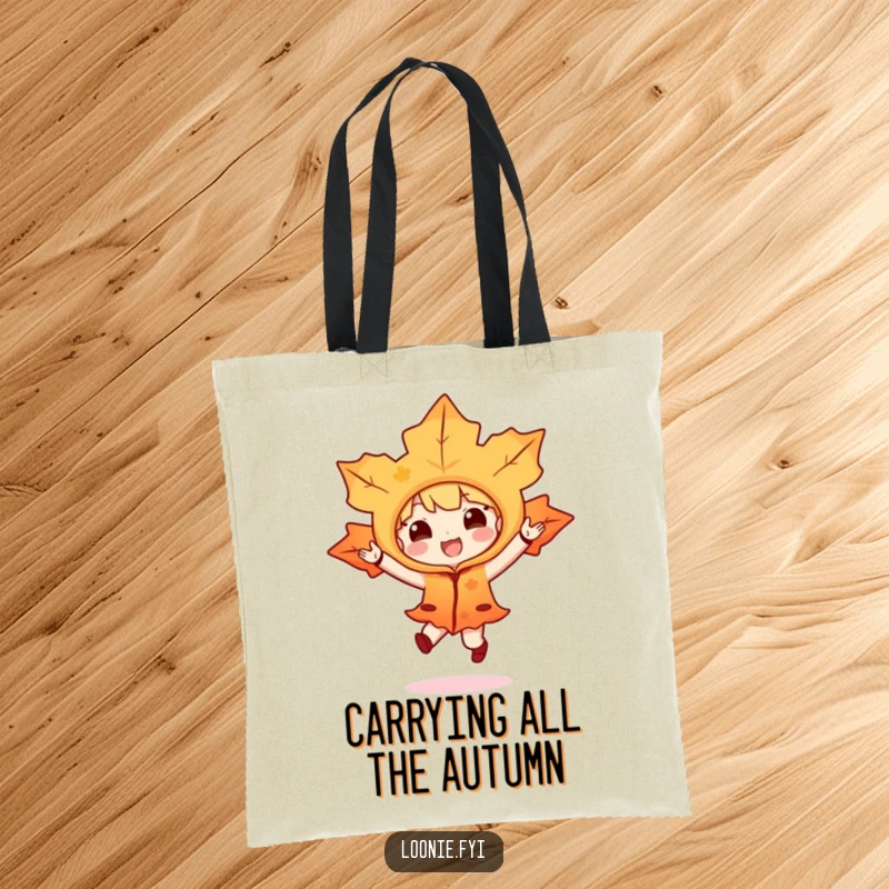 Funny tote bag with a maple leaf character in a costume doing a joyful hop, showcasing autumn fun and a quirky design.