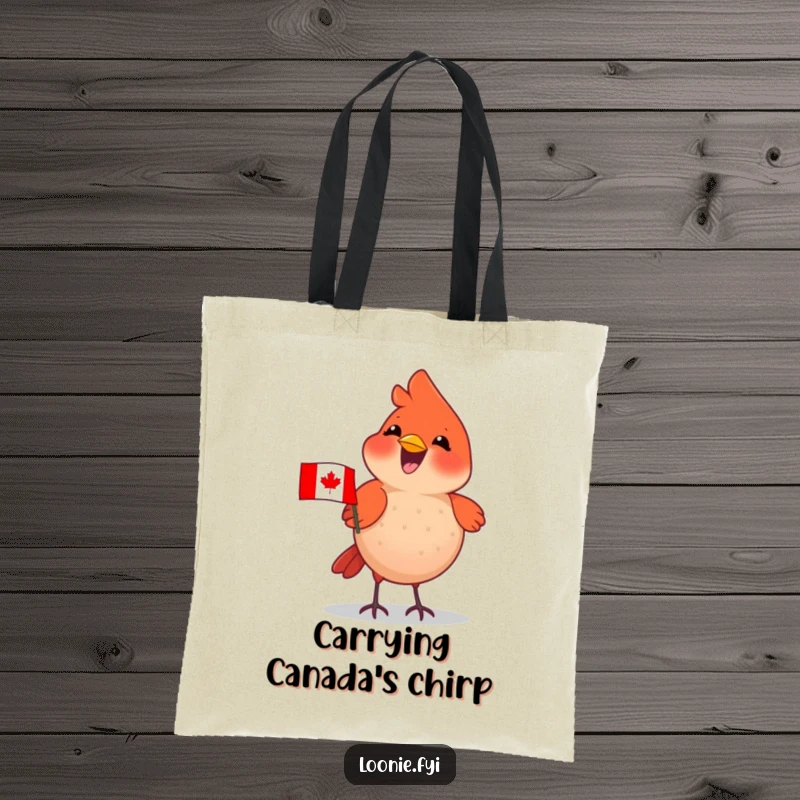 Funny Cardinal Tote Bag: Delighted cardinal wearing a tiny Canadian flag, chirping happily, for shopping.
