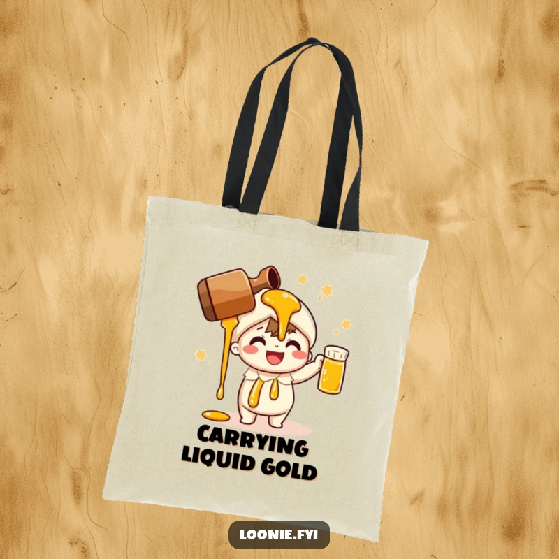Funny tote bag with a cheerful character performing a celebratory maple syrup pour, perfect for carrying groceries.