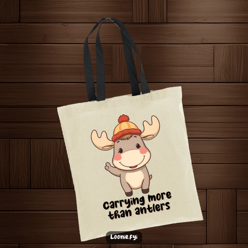 Funny Moose Tote Bag: Cheerful moose in a toque, smiling and waving, practical and humorous accessory for shopping.