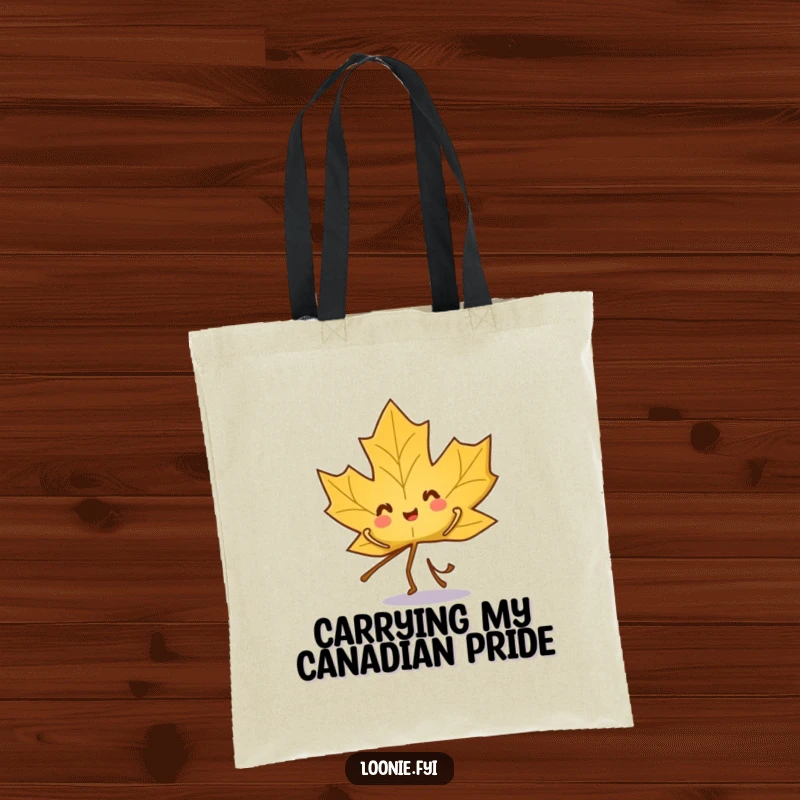 Funny tote bag with a playful maple leaf character captured in a fun, energetic dance.