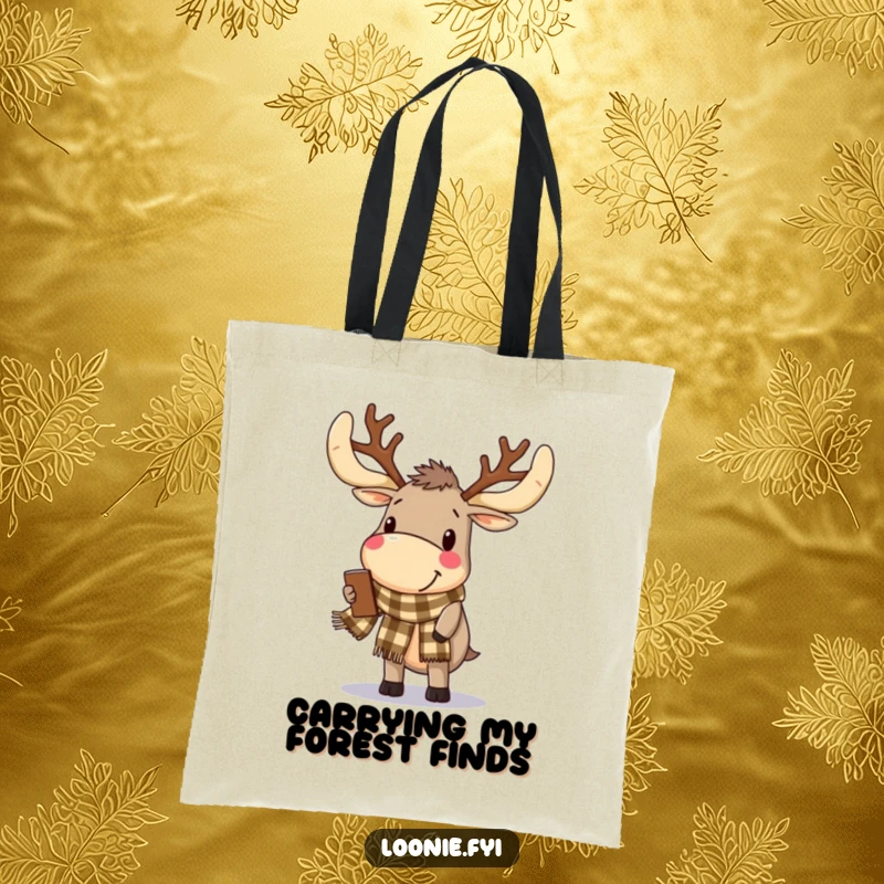 Funny Tote Bag: A delighted moose with antlers, wearing a checkered scarf, is ready for browsing adventures.