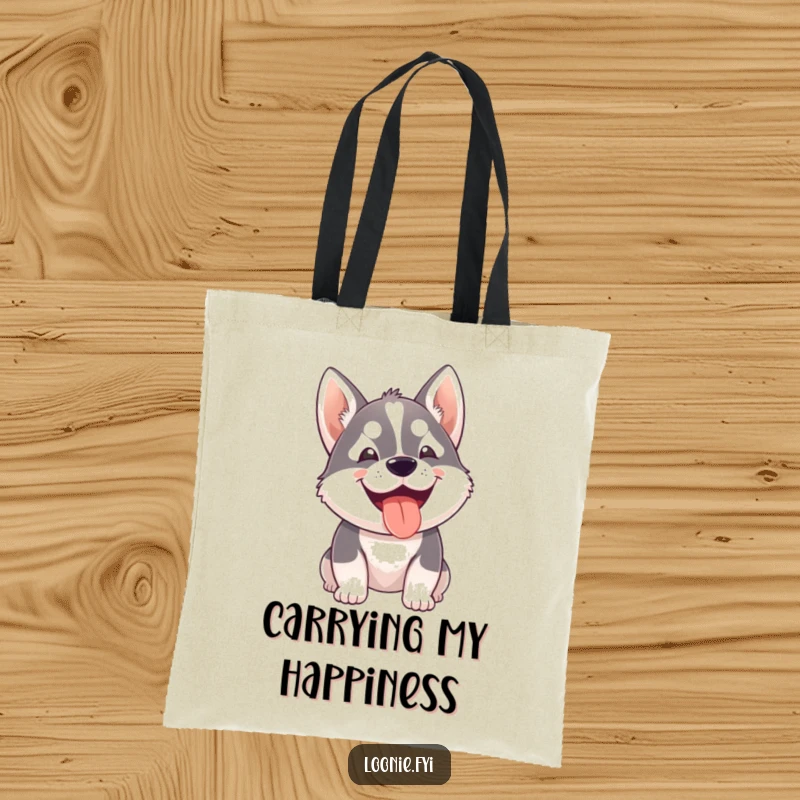 Funny tote bag with a small husky dog eagerly panting with a big happy grin, a humorous and practical accessory.