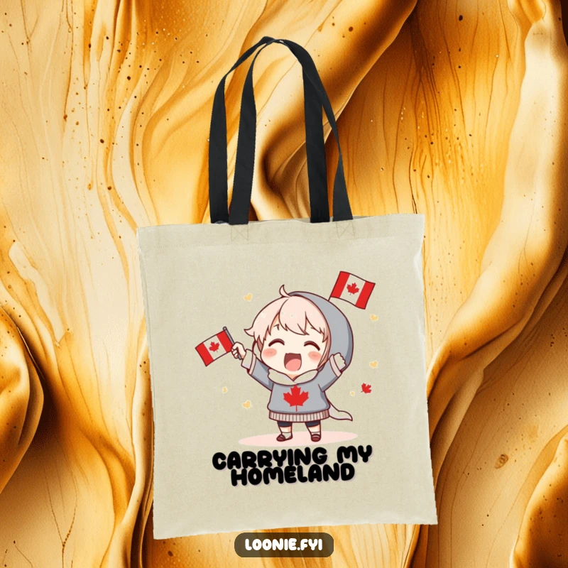 Funny Tote Bag: Excited character proudly holds a miniature Canadian flag and cheers, perfect for everyday use and spreading national pride. Perfect funny gift.