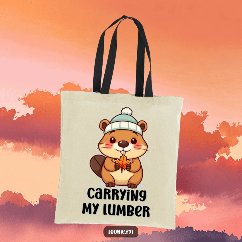 Funny Tote Bag with a beaver wearing a tiny toque and holding a maple leaf, perfect for carrying Canadian humor.