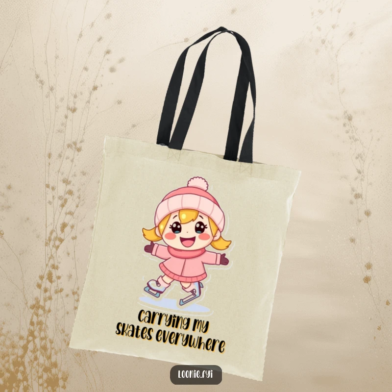 Funny tote bag featuring a happy character ice skating with a determined grin, great for carrying essentials.