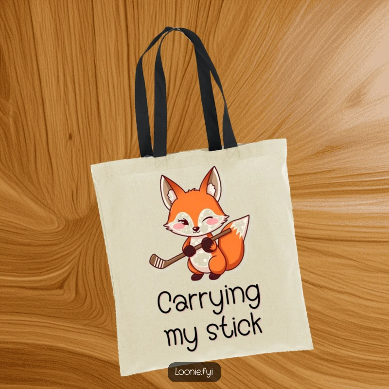 Funny Red Fox Hockey Tote Bag: A sly red fox winking while holding a hockey stick, ideal for a funny gift.