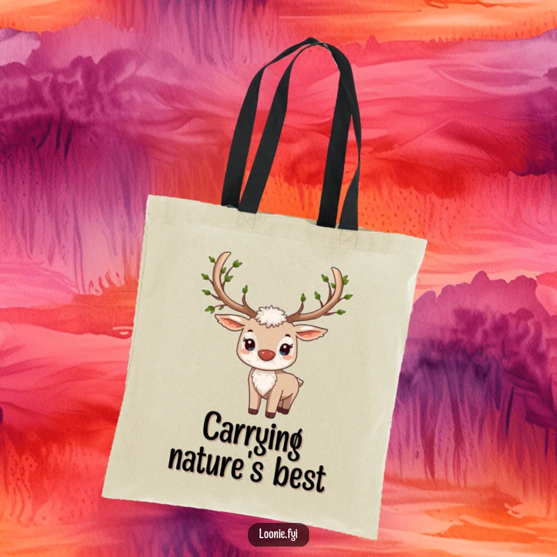 Funny tote bag featuring a proud caribou with beautifully adorned antlers covered in tiny, delicate leaves.