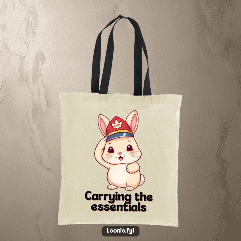 Funny tote bag featuring a rabbit in a tiny RCMP hat, saluting with a cheerful expression, a humorous accessory.