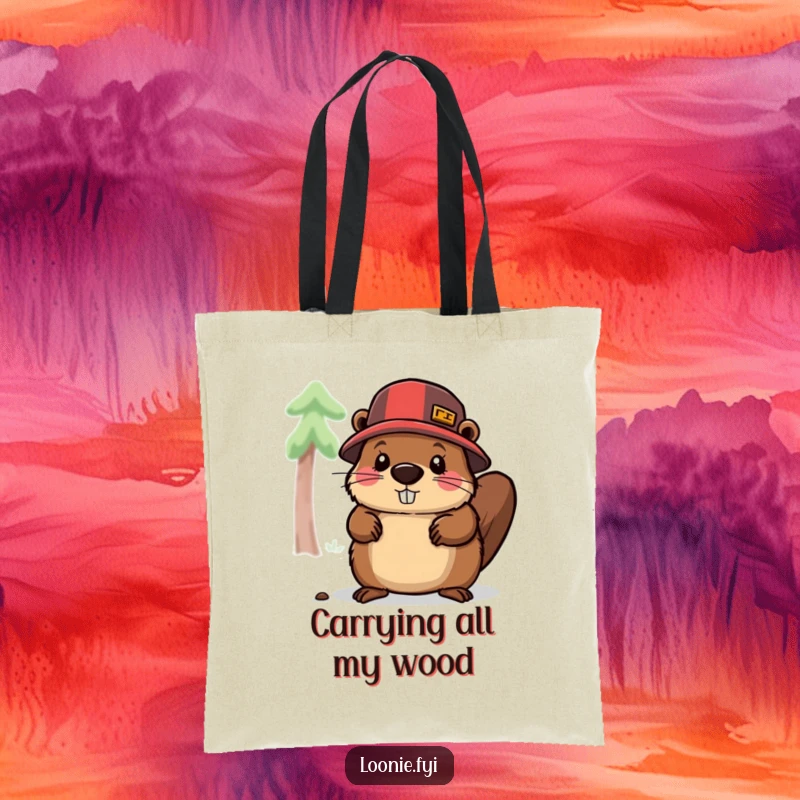 Funny tote bag with a beaver lumberjack character chopping wood, perfect for carrying essentials with a humorous and industrious vibe, a practical accessory.