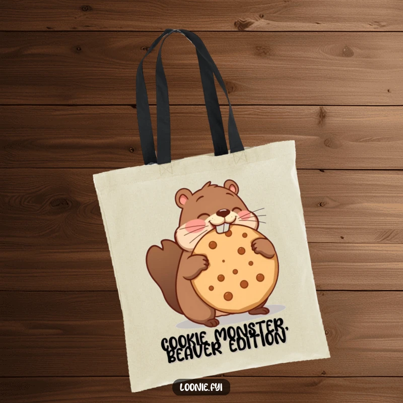 Funny tote bag with a determined beaver comically trying to chomp on an enormous maple cookie, a funny grocery buddy.