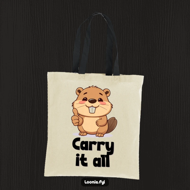 Funny tote bag with a smiling beaver giving a thumbs up, perfect for carrying essentials with positivity.