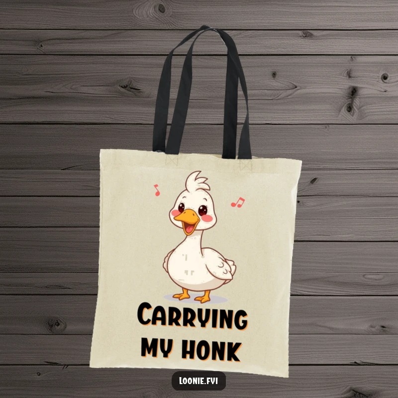 Funny tote bag showcasing a Canadian goose with a funny expression, honking a happy tune, perfect for carrying essentials.