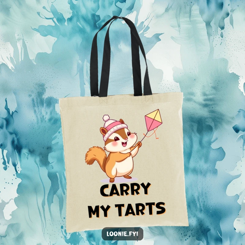 Funny Chipmunk Tote Bag: A chipmunk flies a butter tart kite, a charming and humorous carry-all.