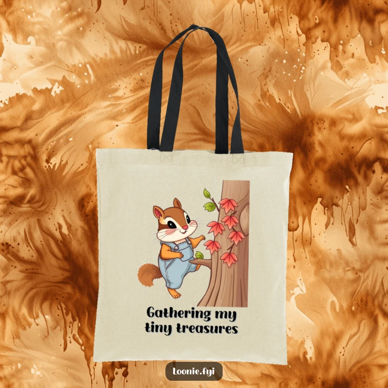 Funny tote bag with a curious chipmunk wearing overalls, climbing a tiny maple tree, ideal for carrying items with a sense of adventure.