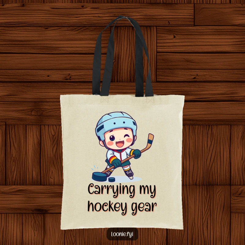 Funny tote bag depicting a jubilant character playing hockey with a puck, great for carrying gear.