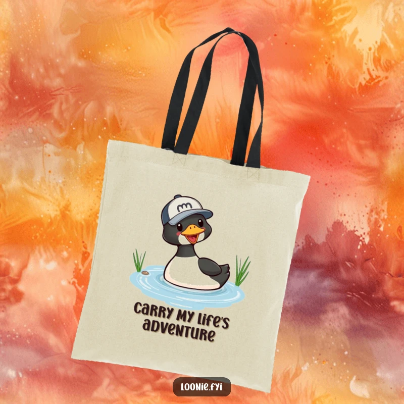 Funny tote bag featuring a playful loon in a baseball cap, captured mid-dive into a small lake, perfect for carrying essentials with humor.
