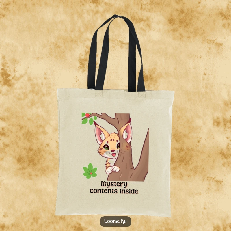 Funny tote bag featuring a happy lynx with big ears, peeking from behind a tree, perfect for carrying essentials with feline flair.