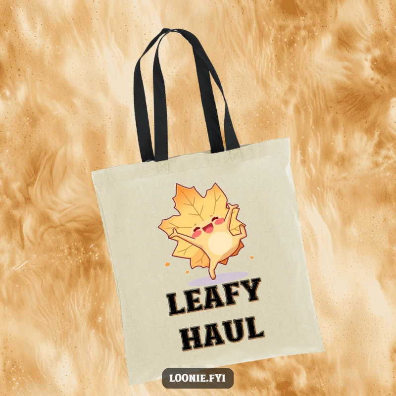 Funny tote bag with a happy maple leaf doing a cheerful somersault, perfect for carrying fall finds.
