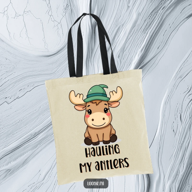 Funny Tote Bag: A happy moose wearing a hat politely tips it, perfect for carrying daily items.