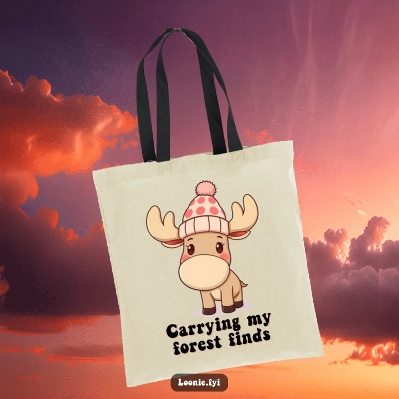Funny tote bag with a moose wearing a toque, waving hello, perfect for carrying items with a humorous and friendly vibe, a charming accessory.