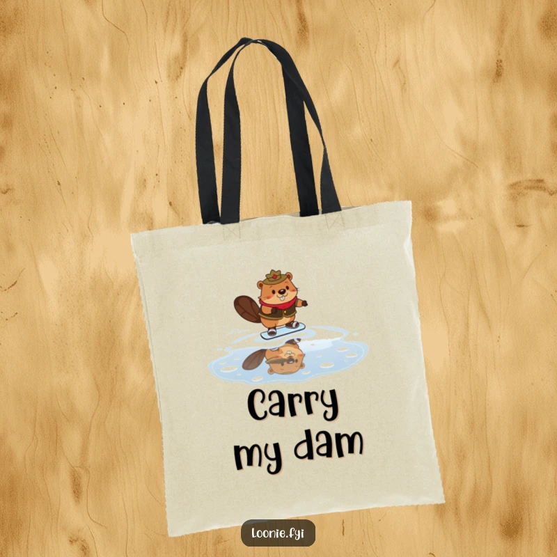 Funny Mountie Beaver Tote Bag showing a beaver in a Mountie outfit attempting to skate on maple syrup, practical and amusing.