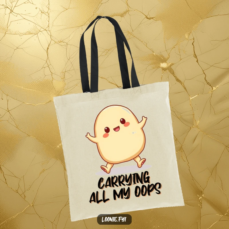 Funny perogy tripping over its doughy feet, a hilarious cartoon food tote bag, practical and designed for laughs.