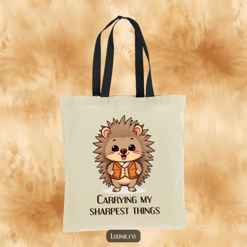 Funny tote bag featuring a proud porcupine wearing a vest, perfect for carrying items with a touch of delightful humor.