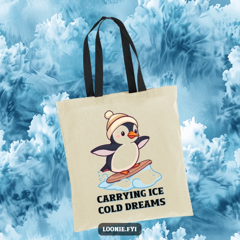 Funny tote bag featuring a puffin in a toque attempting to surf on a frozen wave, arctic-themed.