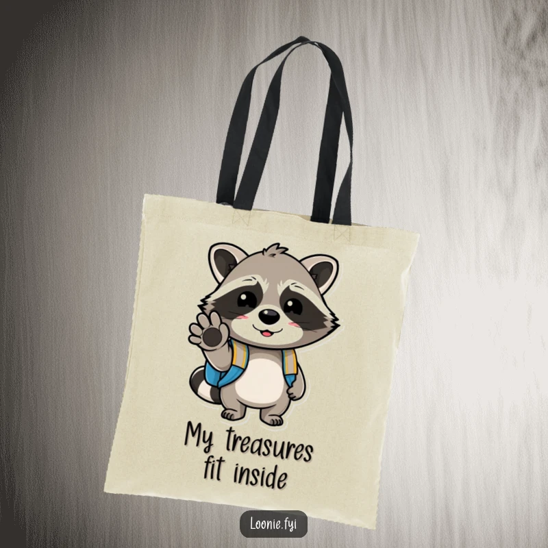 Funny tote bag with a cheerful raccoon carrying a backpack, winking with its paw, ideal for everyday use and carrying items with humor.