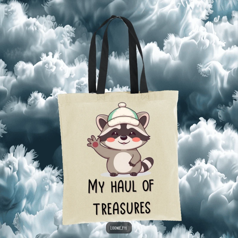 Funny tote bag showcasing a cheerful raccoon in a mini cap, waving hello with an infectious giggle, perfect for everyday use.