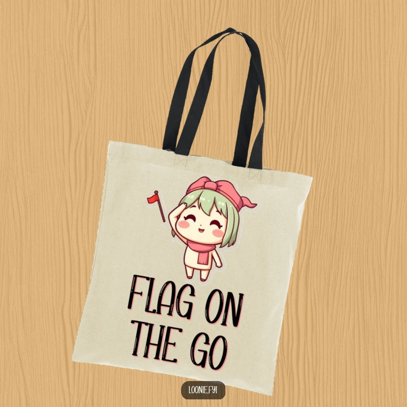 Funny tote bag depicting a happy character saluting with a small flag, perfect for carrying items with patriotic flair.