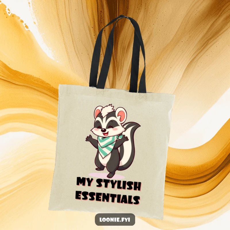 Funny tote bag featuring a skunk in a bandana doing a happy dance, perfect for carrying essentials with a touch of humor.