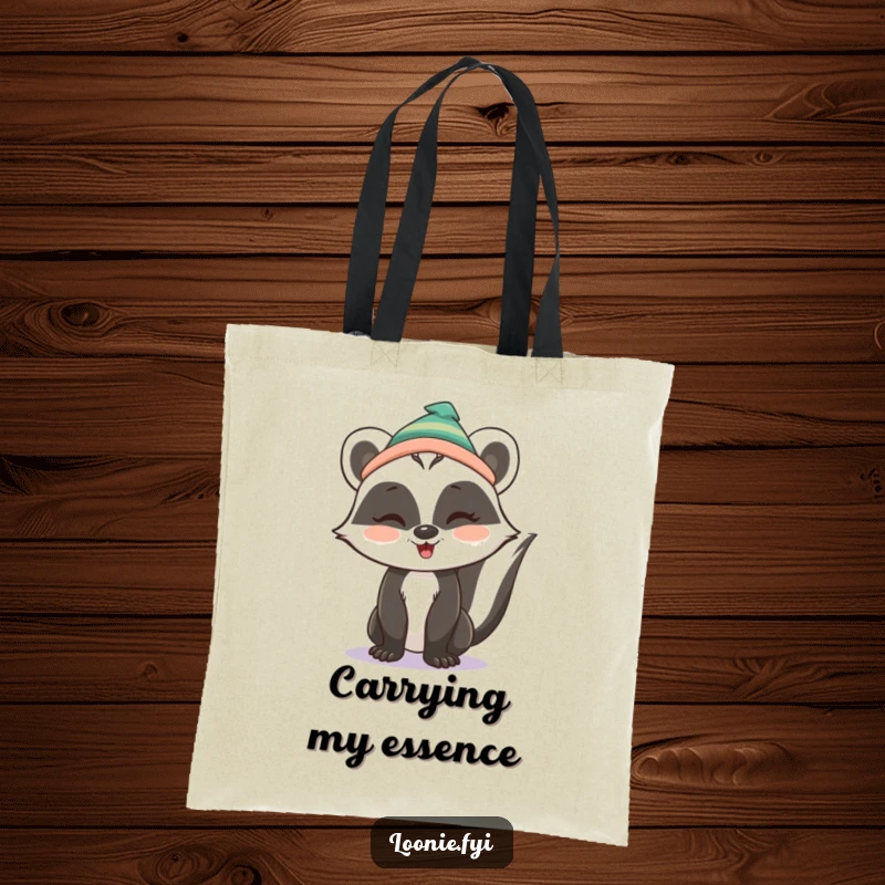 Funny Tote Bag: A cute skunk wearing a toque winks cheekily, perfect for carrying daily items with a touch of playful style.